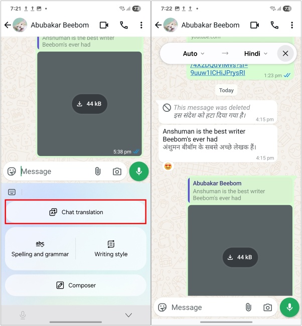 Chat -oversettelsesalternativ i ett UI 7