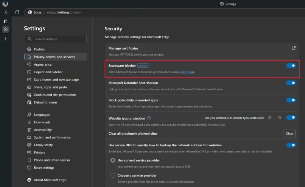 Slå på Scareware -blokkering i Microsoft Edge