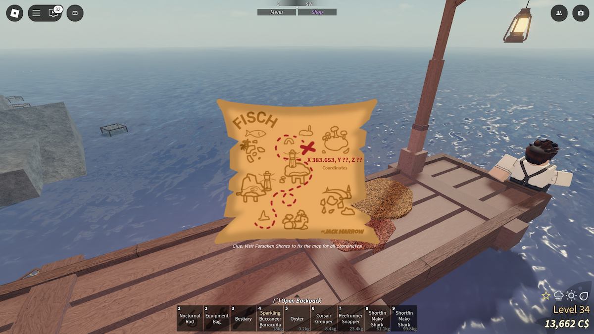 Finne et skattekart i Fisch på Roblox.