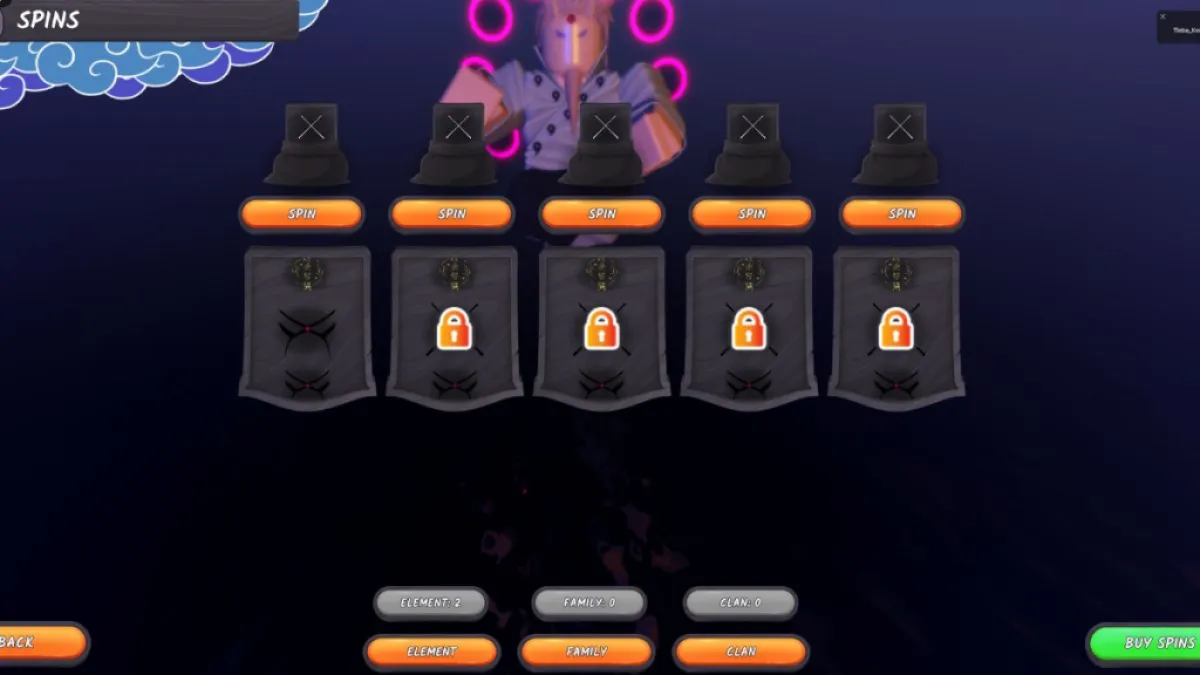 En skjerm som viser reroll -skjermen i ninja -tid