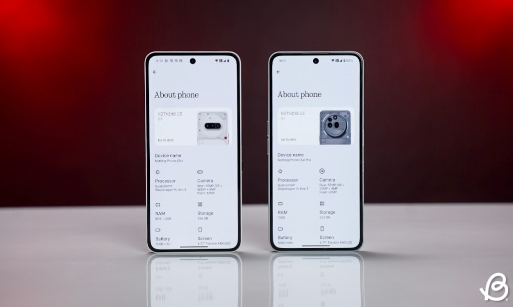 Ingenting telefon 3a vs ingenting telefon 3A pro programvare sammenligning foto side om side