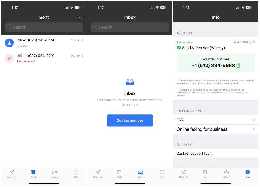 Skjermbilder Forhåndsvisning av den sendte faksstatusen og opprettelsen av lokalt faksnummer på Monicorn Fax fra iPhone -appen