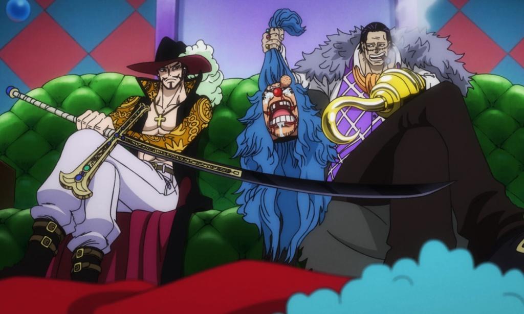 Mihawk og krokodille som holder Buggy's Head