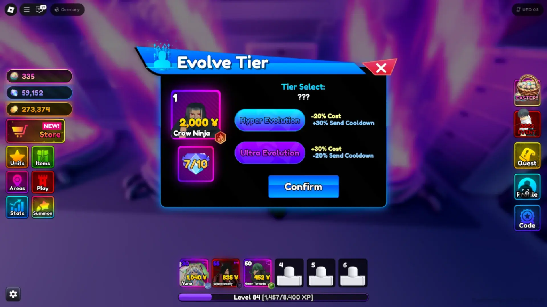 Evolve Tier Menu Forhåndsvisning som gir enheter statistikk nøkler i anime Rangers x