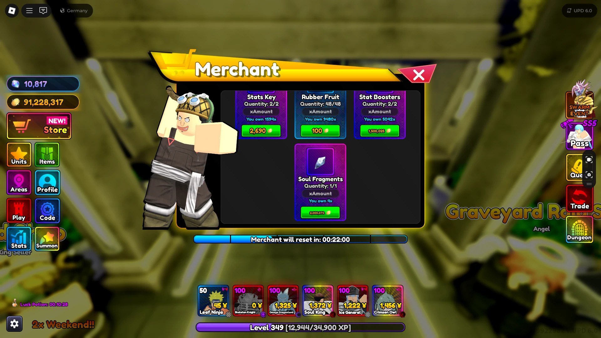 Forhåndsvisning av selgerbutikken i Anime Rangers x Roblox -opplevelse.