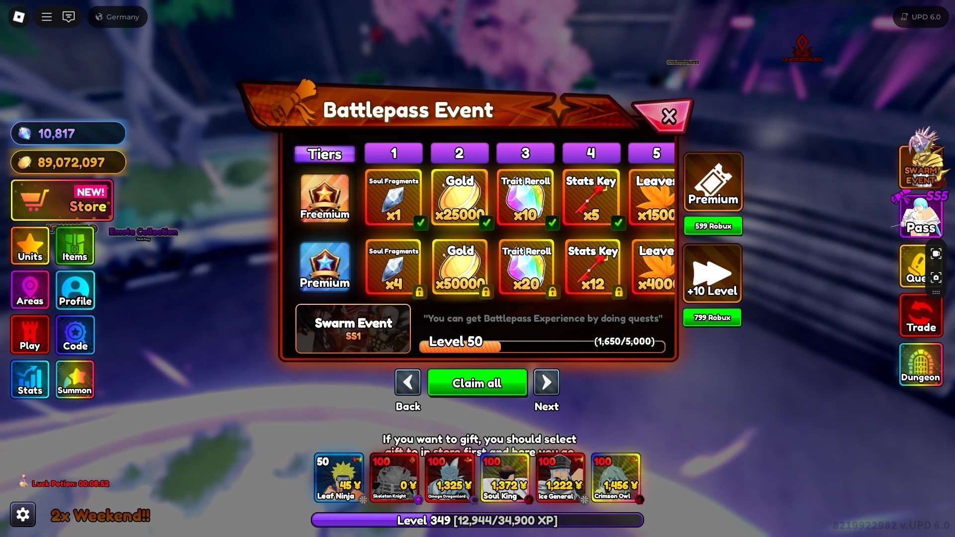 Forhåndsvisning av BattlePass -belønningene i Anime Rangers X Roblox -opplevelsen.
