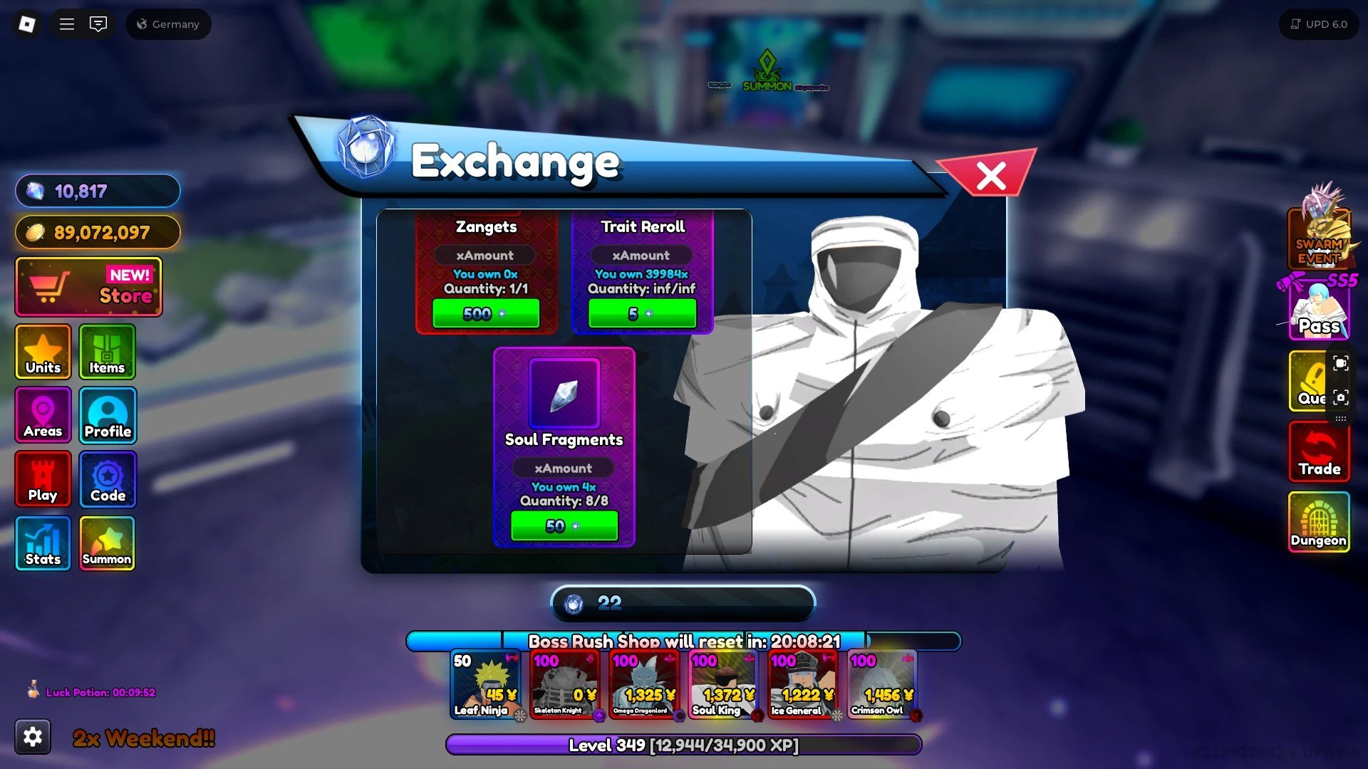 Forhåndsvisning av Boss Rush Shop i Anime Rangers x Roblox Experience.