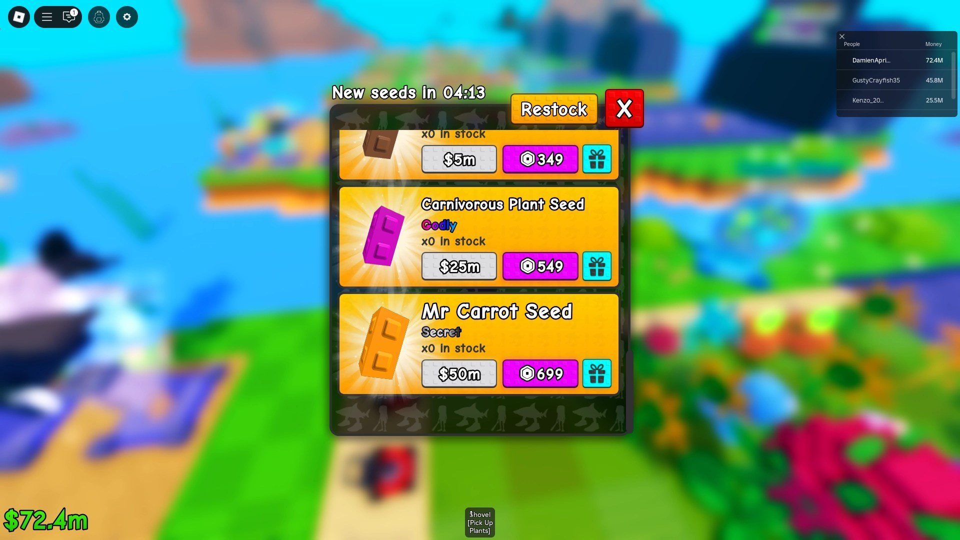 Forhåndsvisning av frøbutikken i planter vs BrainRots Roblox -opplevelse.